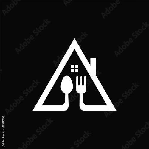 Minimal food logo Combining fork, spoon, and house symbol for modern branding.