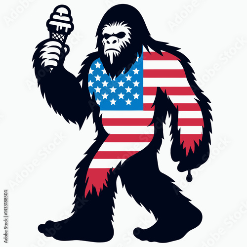 bigfoot wear american flag eat ice cream. Funny Animal Vector Clip art. Sasquatch attire patriot emblem devour frozen treat a curious junction.
