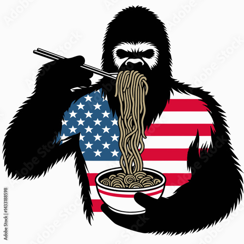 bigfoot wear american flag eat ramen. Funny Animal Vector Clip art. Sasquatch garb stars & stripes devour noodle cuisine foraging folklore.