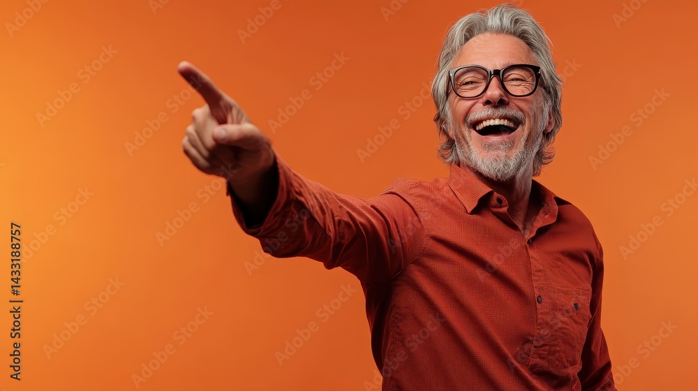 Fototapeta premium Smiling older man dressed in orange shirt pointing with enthusiasm against bright orange background