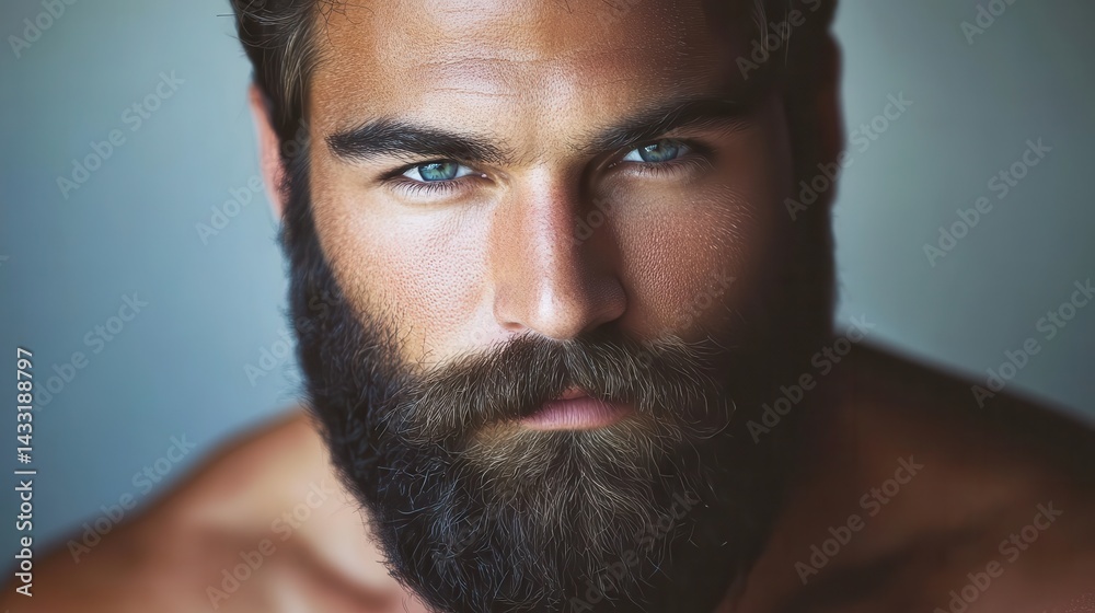 Obraz premium Bearded man with striking blue eyes posing against a neutral background