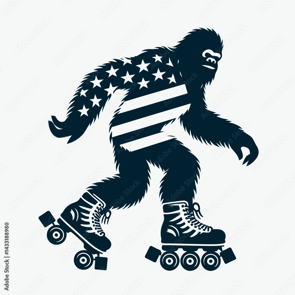 Fototapeta premium bigfoot wear american flag play roller skate. Funny Animal Vector Clip art. Sasquatch garb usa banner frolic enjoy quad skate recreation.