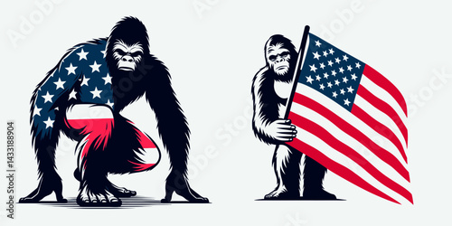 bigfoot wear american flag peeking pose. Funny Animal Vector Clip art. Sasquatch patriot garment look concealed posture united states symbol.