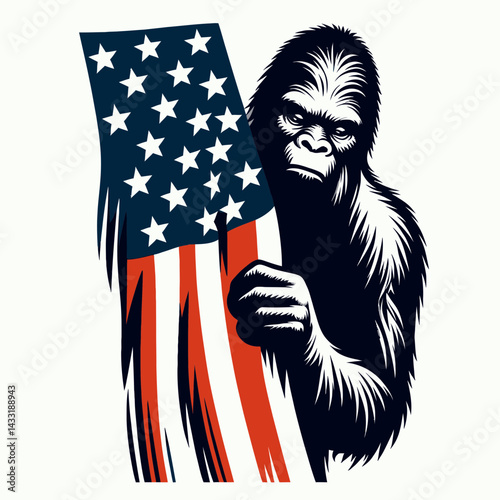 bigfoot wear american flag peeking. Funny Animal Vector Clip art. Enormous ape attire patriotic banner spying mythical woodland creature.