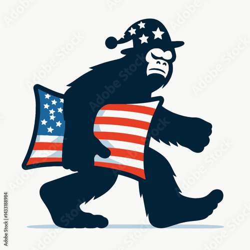 bigfoot wear american flag Playful Pillow. Funny Animal Vector Clip art. Sasquatch attire patriotic banner jovial cushion novelty habitation decor.