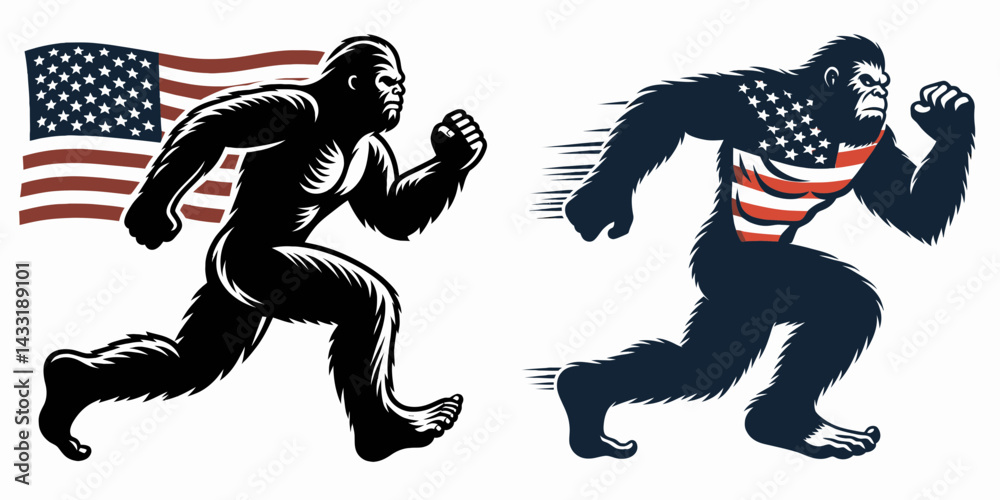 Fototapeta premium bigfoot wear american flag running. Funny Animal Vector Clip art. Legendary creature don attire stars and stripes sprint gear motion.