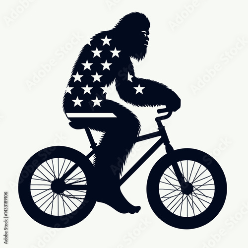 bigfoot wear american flag Riding a bicycle together. Funny Animal Vector Clip art. Sasquatch donning stars and stripes astride cycle together national symbol.