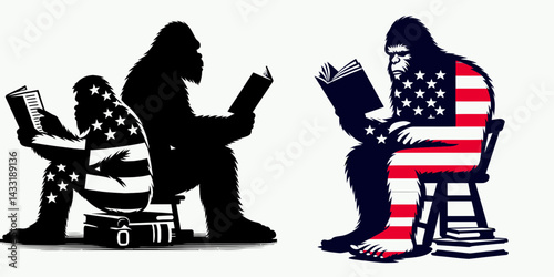 bigfoot wear american flag Sitting back to reading. Funny Animal Vector Clip art. Large hominid dons star-spangled banner apparel resting inverse perusing text.
