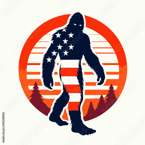 bigfoot wear american flag sunset. Funny Animal Vector Clip art. Sasquatch donning patriotic banner dusk legendary forest hominid image.