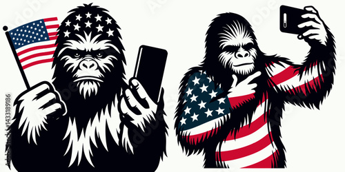 bigfoot wear american flag Taking a selfie. Funny Animal Vector Clip art. Sasquatch costume patriotic banner self-portrait photo mythical creature apparel.