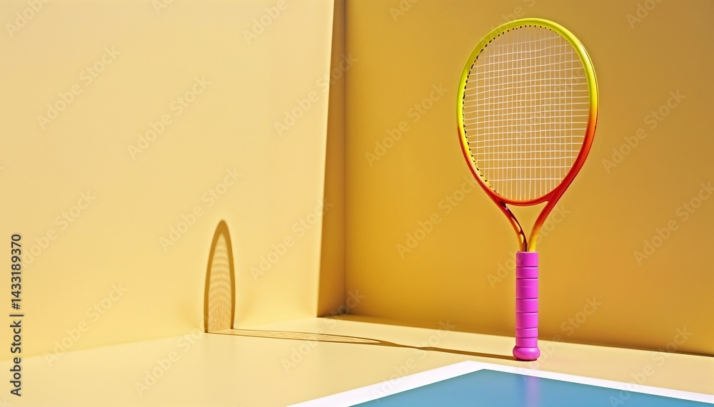Tennis racket resting against a vibrant wall in a bright, minimalist setting