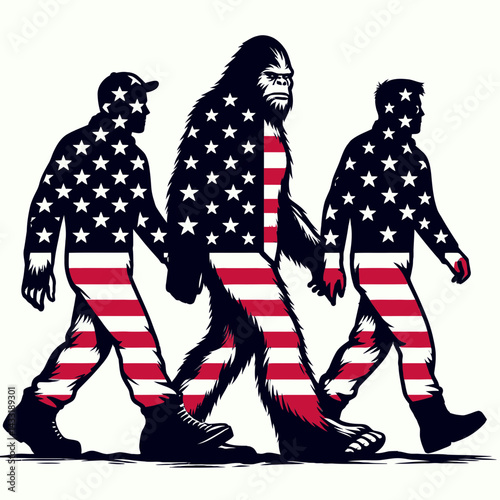 bigfoot wear american flag Walking together. Funny Animal Vector Clip art. Sasquatch attire patriotic banner ambling jointly in unity folklore journey.