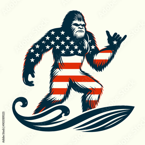 bigfoot wear american flag wave Surfing. Funny Animal Vector Clip art. Sasquatch attire usa banner ocean ride patriotic cryptozoology sport motion.