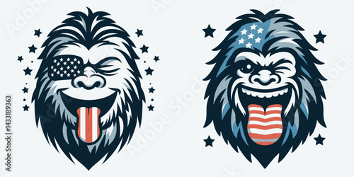 bigfoot wear american flag Winking Face With Tongue. Funny Animal Vector Clip art. Sasquatch clothe usa banner cheeky visage fun patriotic icon.