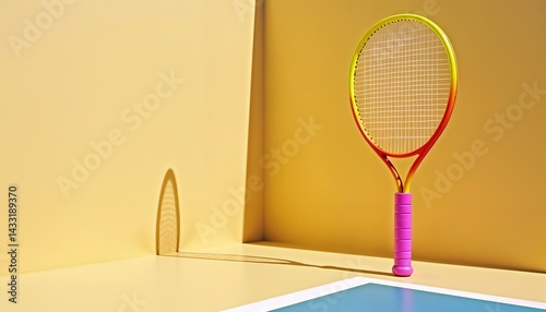 Obraz na płótnie Tennis racket resting against a vibrant wall in a bright, minimalist setting w salonie