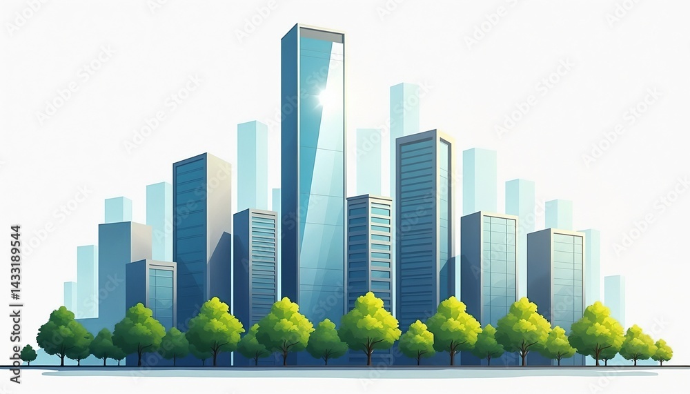 Modern city skyline with tall buildings and green trees on a bright day