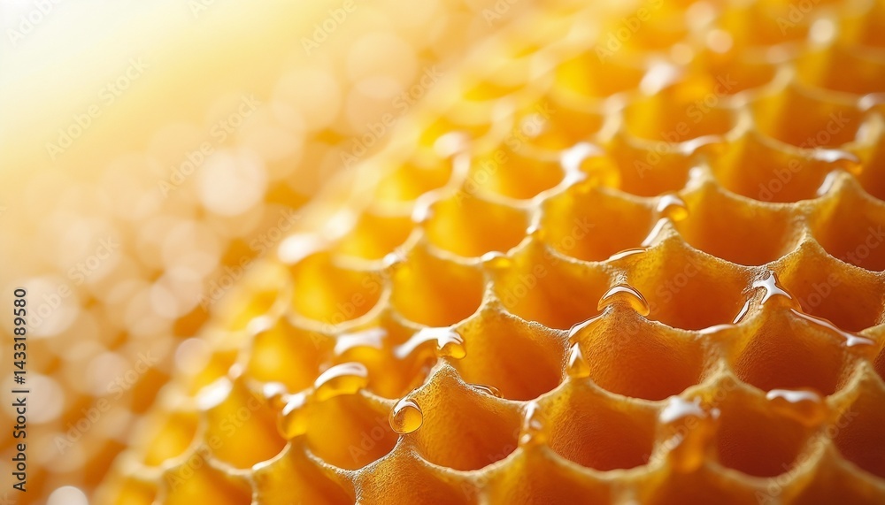 Close look at honeycomb structure displaying golden honey droplets in natural light
