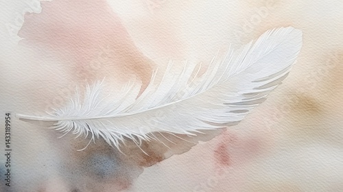 Soft watercolor rendering of a white feather with delicate gray shadows and subtle color reflections