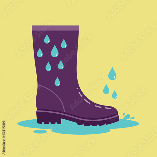 Purple Rain Boot with Water Droplets and Blue Puddle on Yellow Background Vector Illustration 