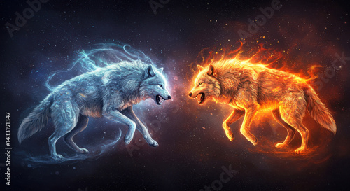 Fantasy Wolves: Ice and Fire Wolves in Elemental Battle with Magical Energy