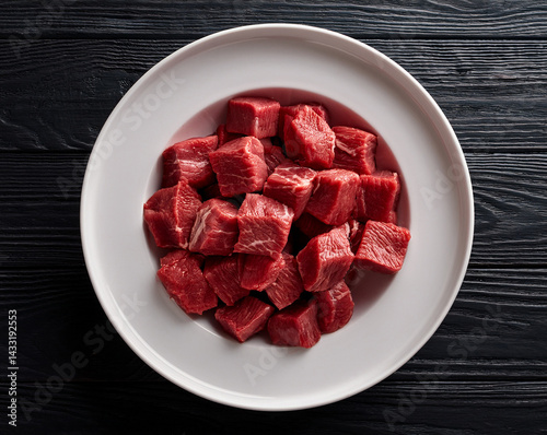 cubed beef in a white plate and on a black wooden background