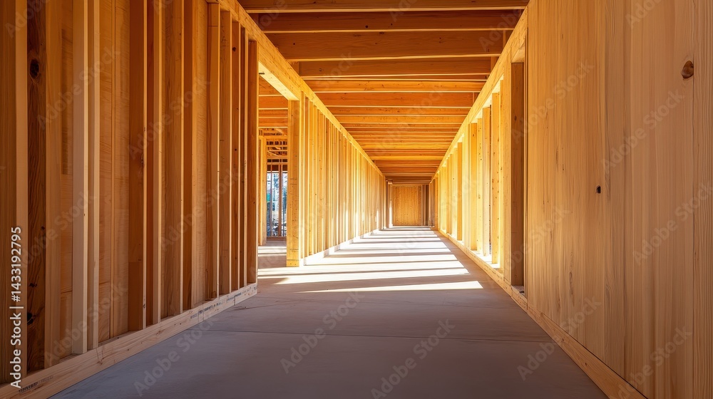 Fototapeta premium Interior view of a wooden-framed building under construction with sunlight streaming through
