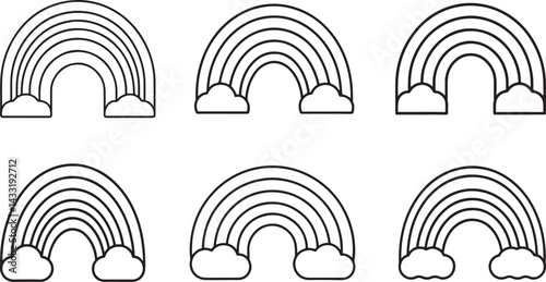 set of rainbow line art, black outline, vector and illustration, coloring book page line art drawing