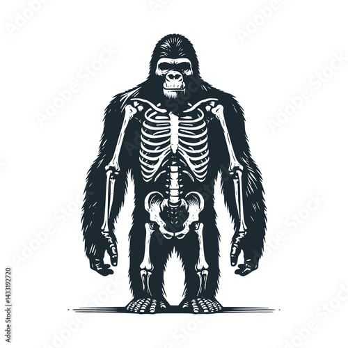 Black White Vector Illustration of a Standing Gorilla with Exposed Skeleton: A Vintage Engraved Infographic