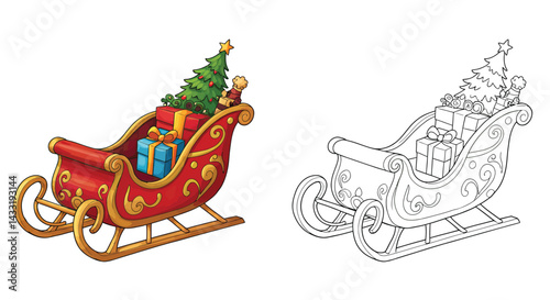Festive Sleigh with Gifts and Tree: A beautifully illustrated depiction of a Santa's sleigh, adorned with presents and a decorated Christmas tree, ready for a magical holiday journey.
