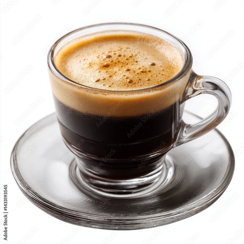 freshly brewed espresso in clear glass cup isolated on white background freshly brewed espresso in clear glass cup isolated on white background