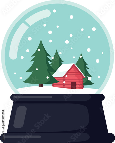 Snow globe with red cabin and green pine trees winter decoration vector illustration 