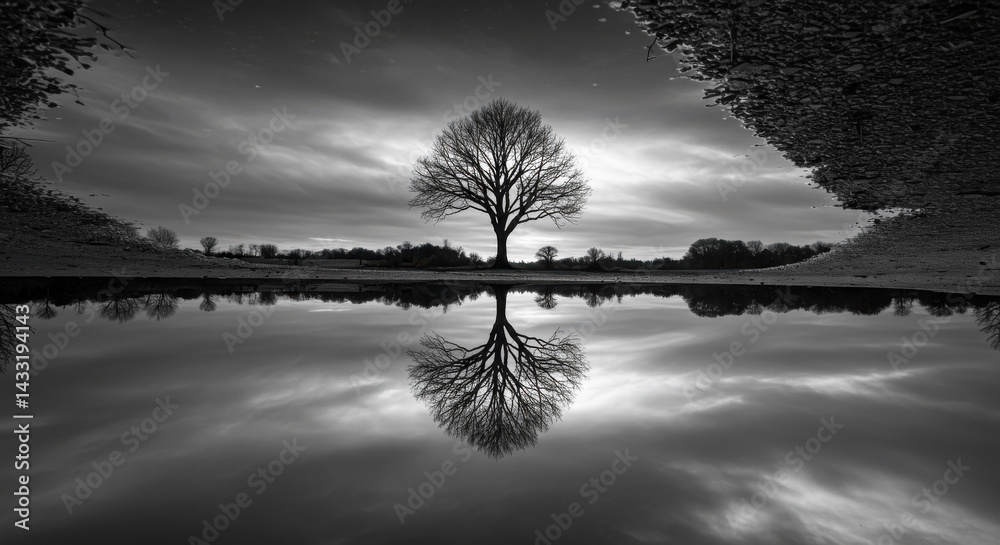 Fototapeta premium Monochrome Landscape with Silhouetted Tree and Reflective Water in Dramatic Twilight