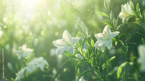White lilies in a sunlit garden