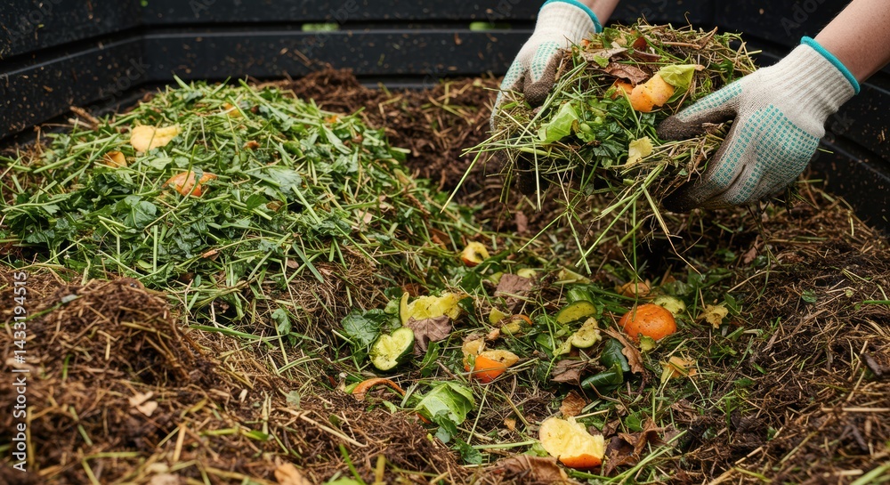 Fototapeta premium Photorealistic close-up view inside an outdoor compost bin or pile, showing distinct layers of 'greens' (vegetable scraps, grass clippings) and 'browns'