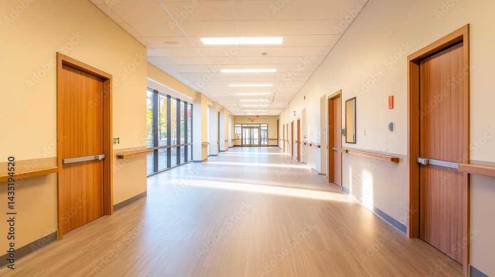 Fototapeta premium Bright and spacious hospital corridor with wooden doors and natural light illuminating the space