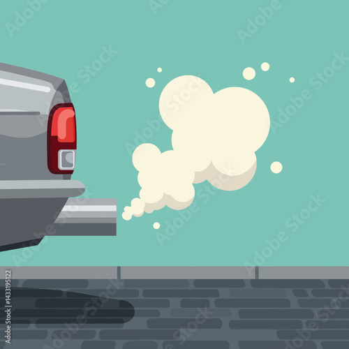 Car exhaust pipe emitting white smoke on street vector illustration 