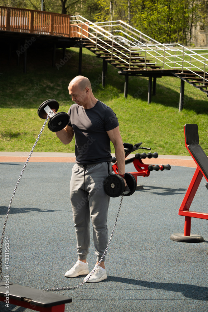 Man lifting dumbbells at an outdoor gym, focused on strength training. Wearing athletic clothing. Fitness equipment in outdoors park setting. Urban sports ground