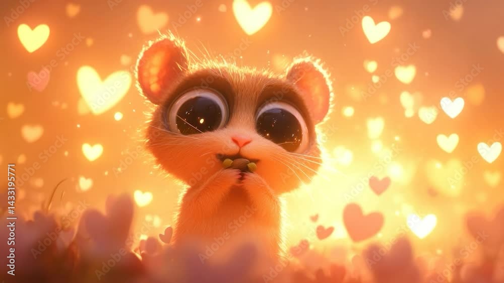 Cute Animated Squirrel Eating in a Heart-Filled Field