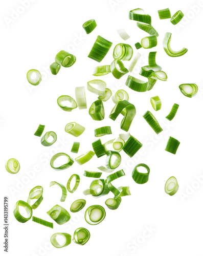 green onion sliced flying isolated on transparent background
