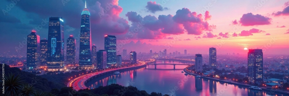 Fototapeta premium Futuristic cityscape at dusk with sleek skyscrapers and neon lights reflecting off a white futuristic background , urbanism, cityscape, urban