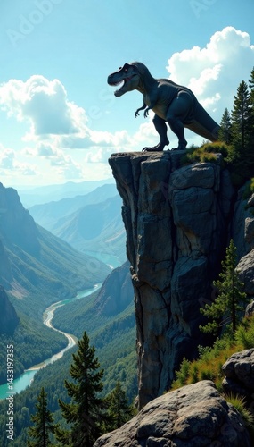 Massive Tyrannosaurus Rex silhouette on rocky cliff edge overlooking valley below, valley, t rex, tyrannosaurus rex
