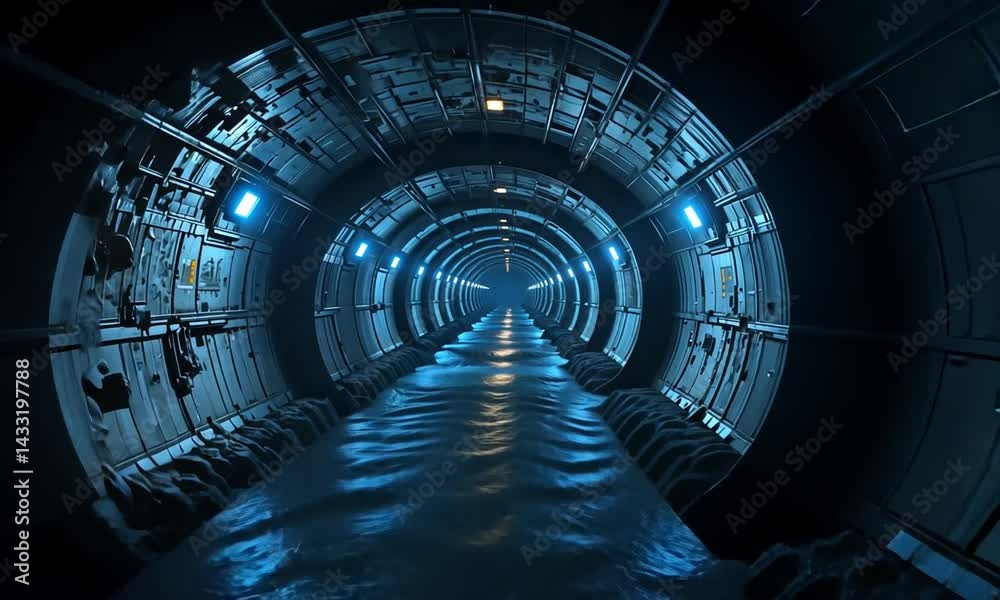 High-tech sci-fi tunnel with glowing blue lights and metallic structure in deep perspective. Concept of futuristic space travel or cyber architecture