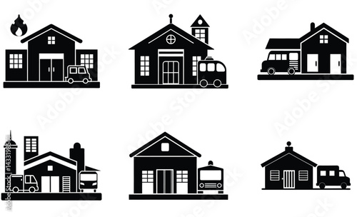 Fire Station Silhouette Vector Set - Emergency Services, Firefighters, Fire Trucks, and Equipment

