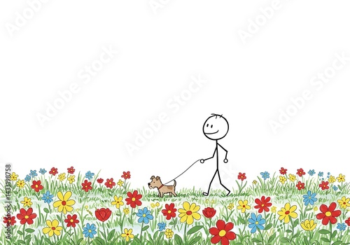 Stick Figure Dog Walk: Happy Cartoon Man Walking Pet in Flower Field