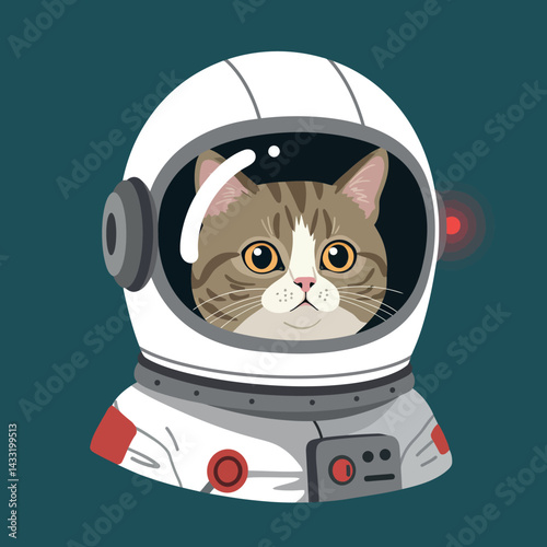 Cat wearing astronaut helmet in space suit illustration with dark teal background vector 