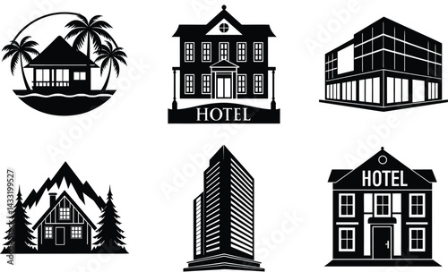 Hotel Silhouette Vector Set – Modern and Classic Hospitality Building Collection
