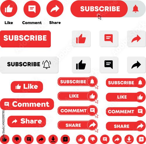 Like comment subscribe vector icons, shapes, signs and symbols for social media interactions. Social communication art and illustration bundle on white background. 