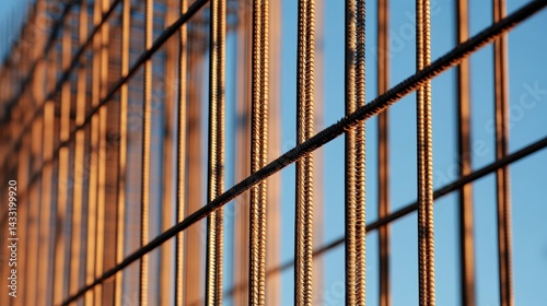 Wallpaper Mural Close-up of steel rebar structure illuminated by sunset, showcasing construction materials and shadows Torontodigital.ca