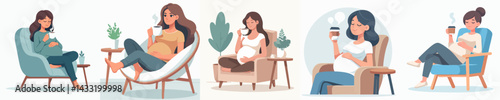 set of vector pregnant women with coffee sitting on a chair