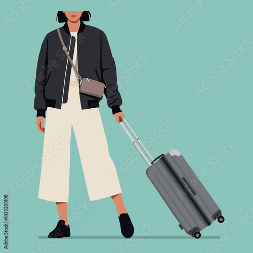 Woman with suitcase and crossbody bag standing against teal background vector illustration 